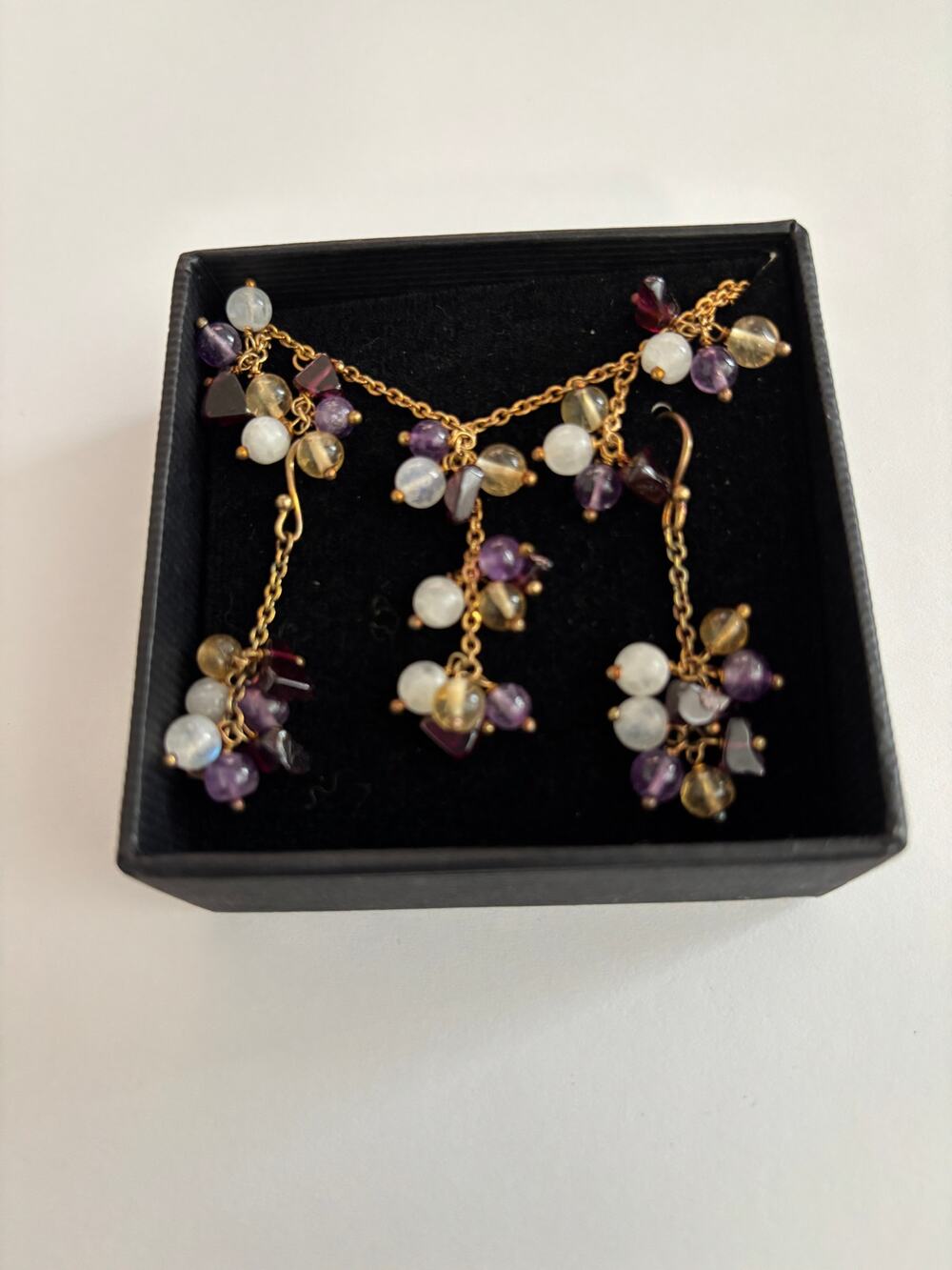 Vintage Beaded Gold Filled jewelry Set Natural Stones  Amethyst, Quarts